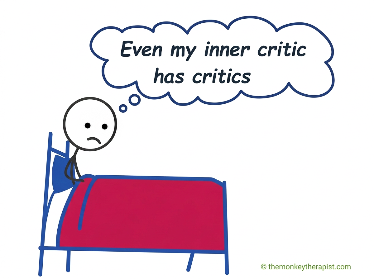 A stick figure sitting on the edge of a bed thinking: even my inner critic has critics